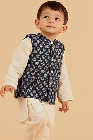 indigo cotton printed nehru jacket for boys