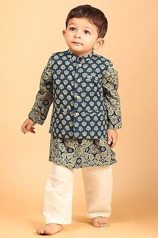 indigo cotton printed nehru jacket set for boys