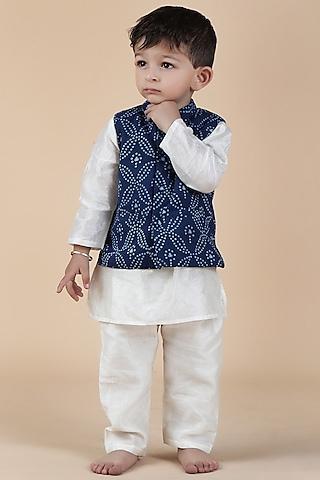 indigo cotton printed nehru jacket with kurta set for boys