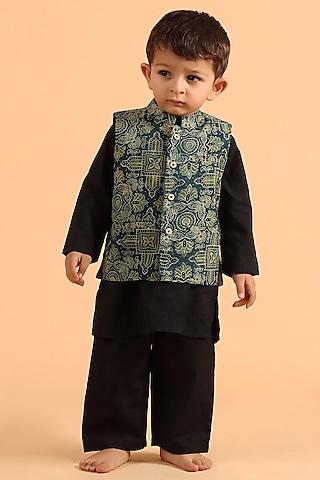 indigo cotton printed nehru jacket with kurta set for boys