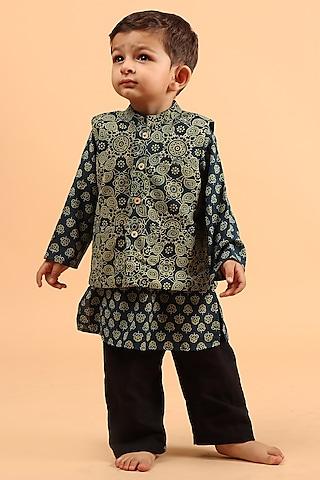 indigo cotton printed nehru jacket with kurta set for boys