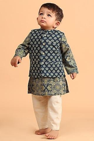 indigo cotton printed nehru jacket with kurta set for boys