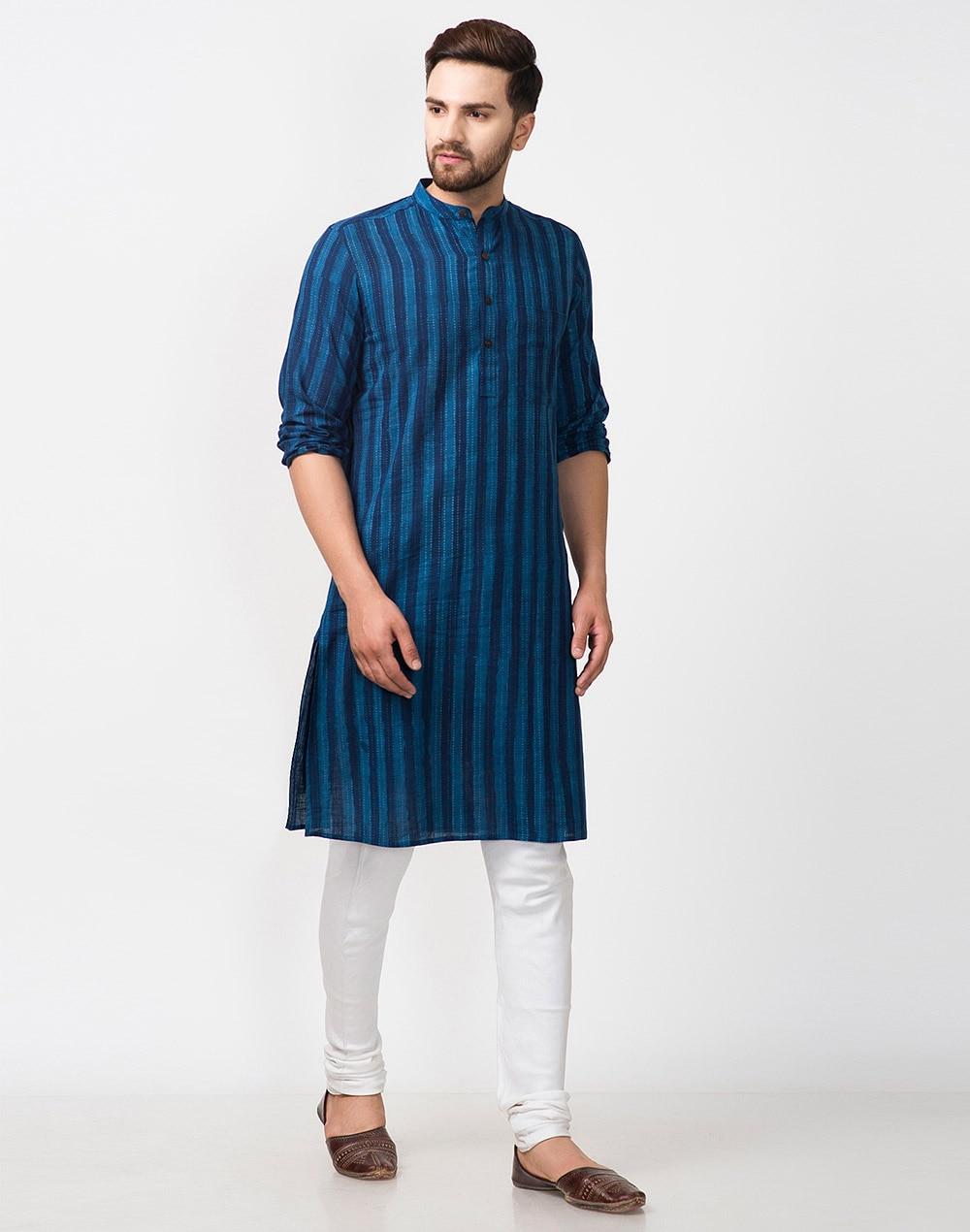 indigo cotton printed slim fit long kurta