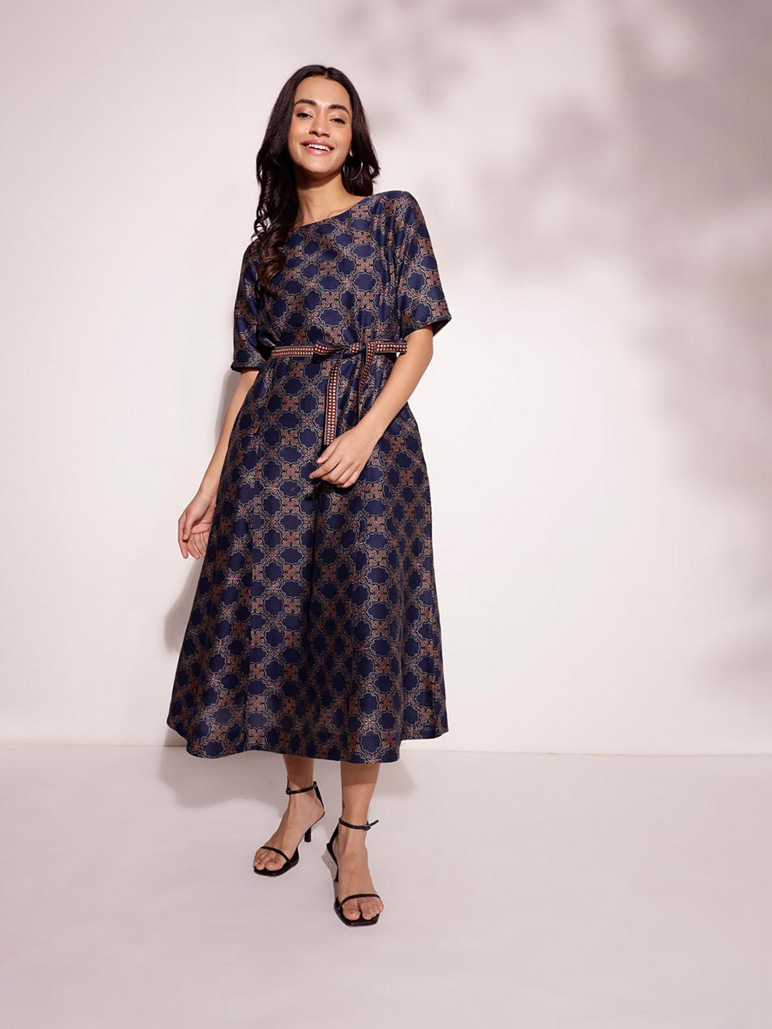 indigo cotton silk ajrakh printed midi dress with belt (set of 2)