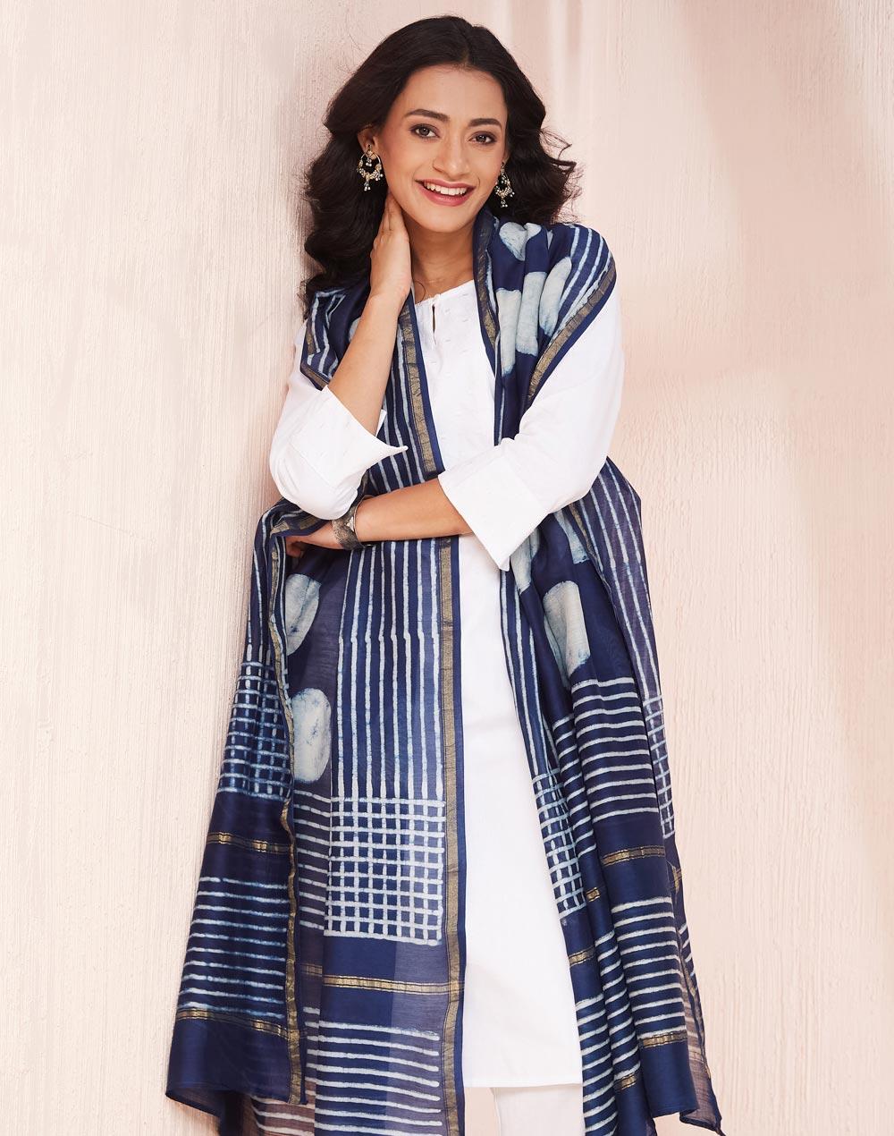 indigo cotton silk blend printed dupatta