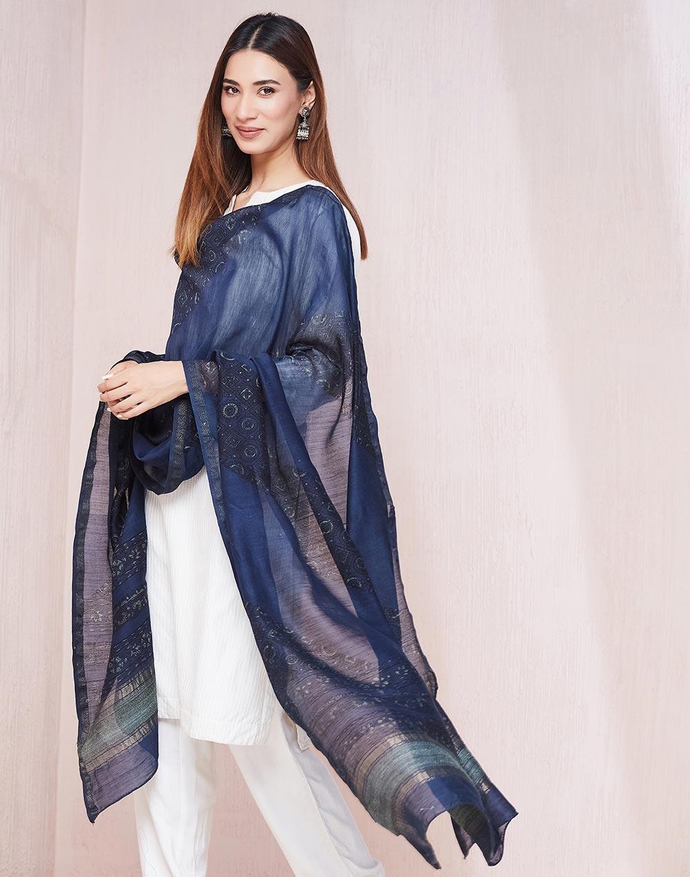 indigo cotton silk blend printed dupatta