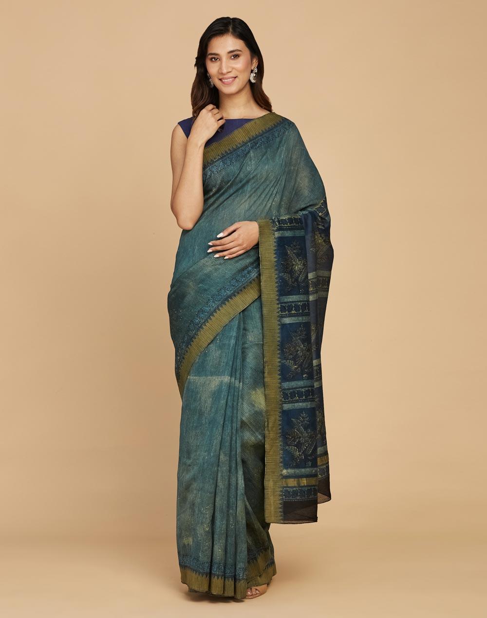 indigo cotton silk dabu chota butta sari