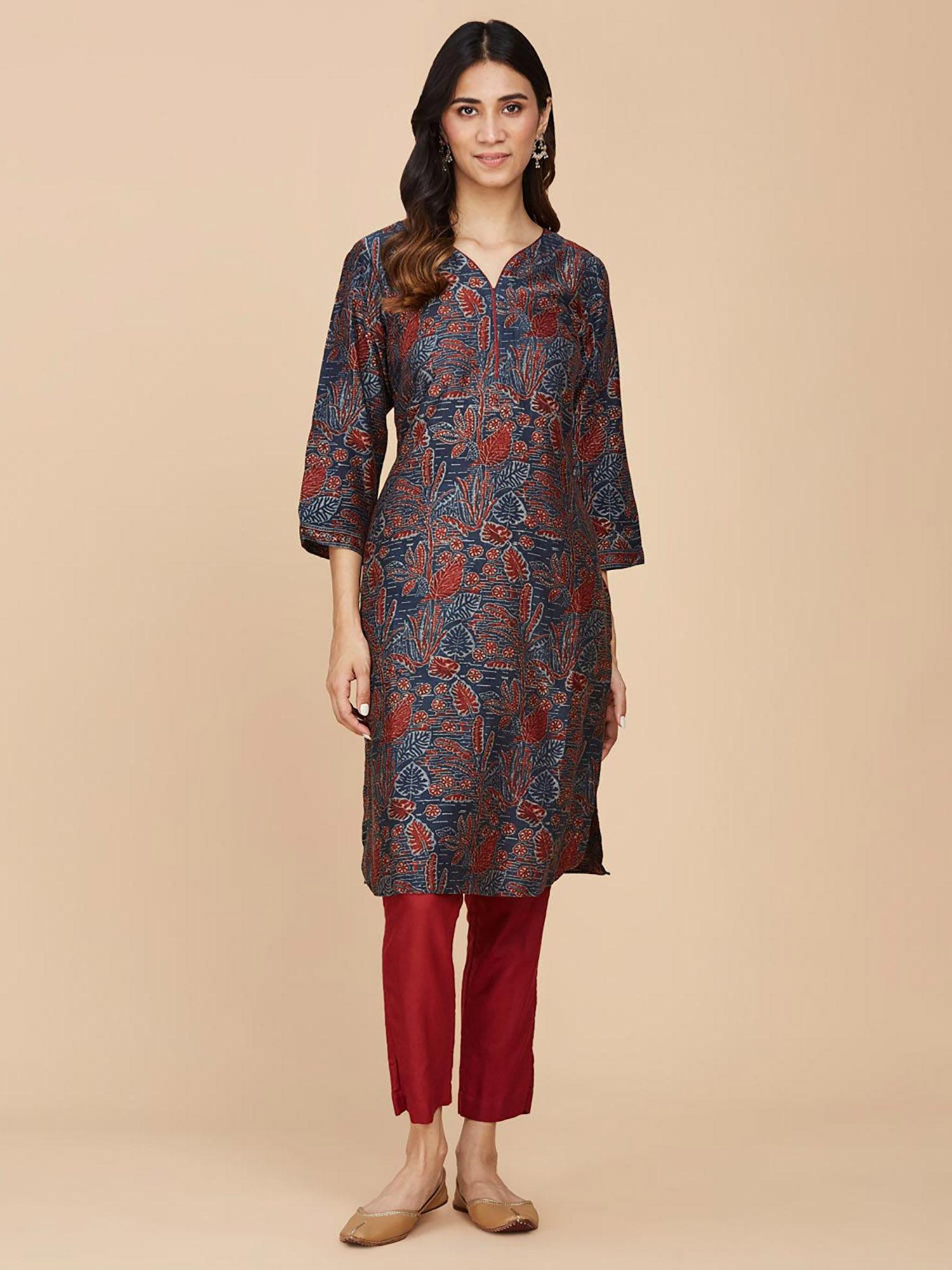 indigo cotton silk printed ajrakh knee length kurta