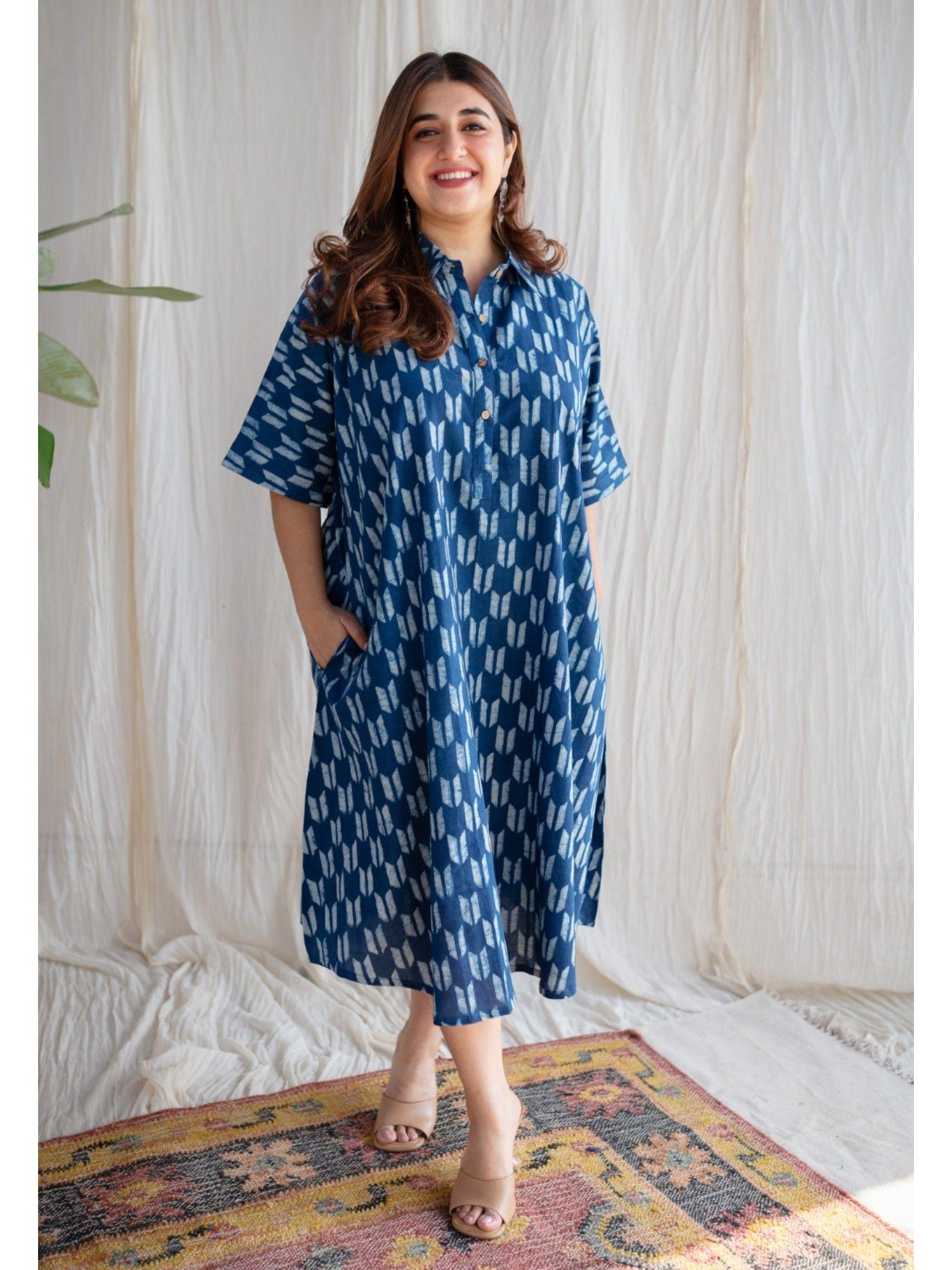 indigo dabu cotton midi dress