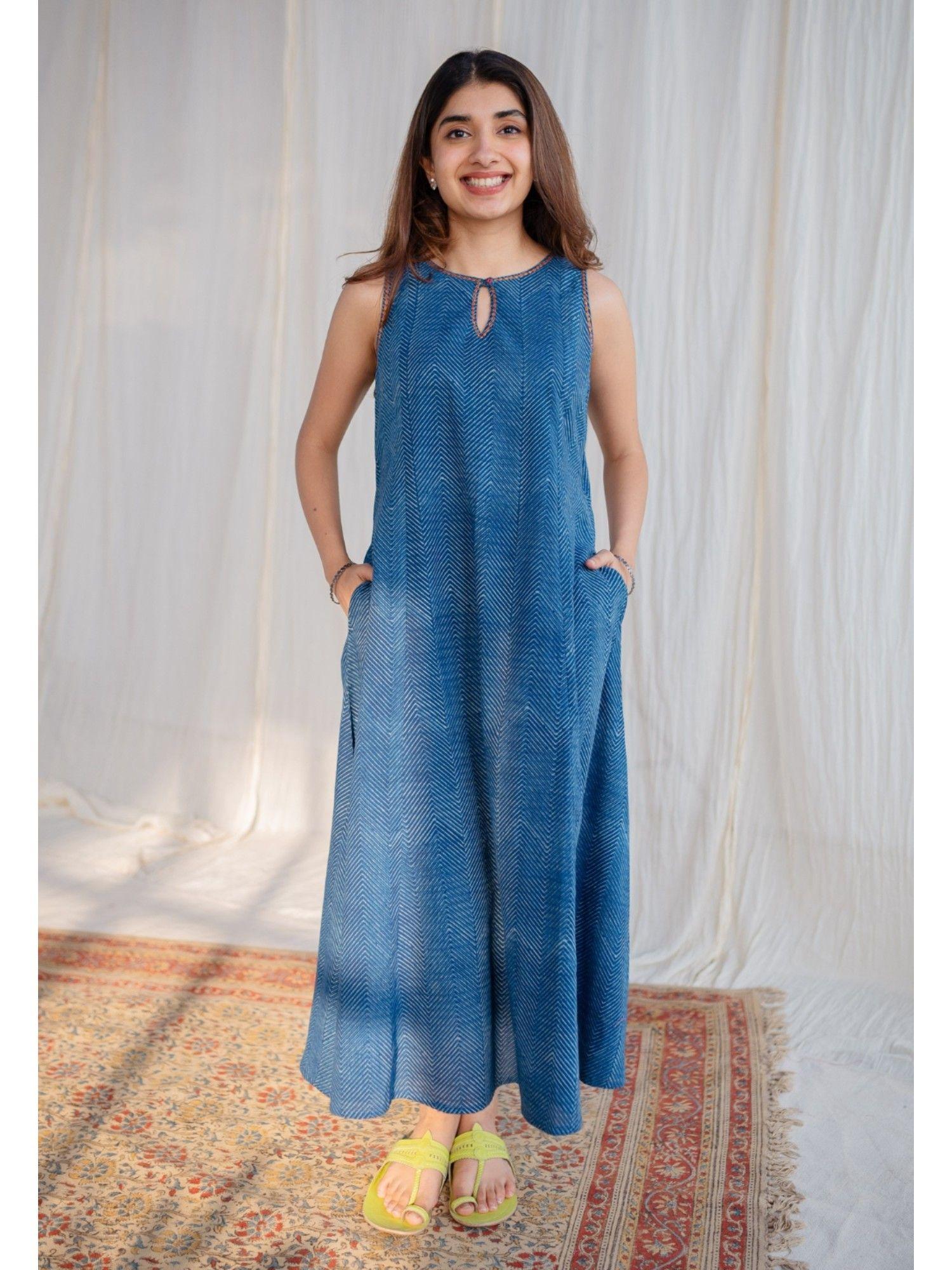 indigo dabu hand block printed cotton maxi dress