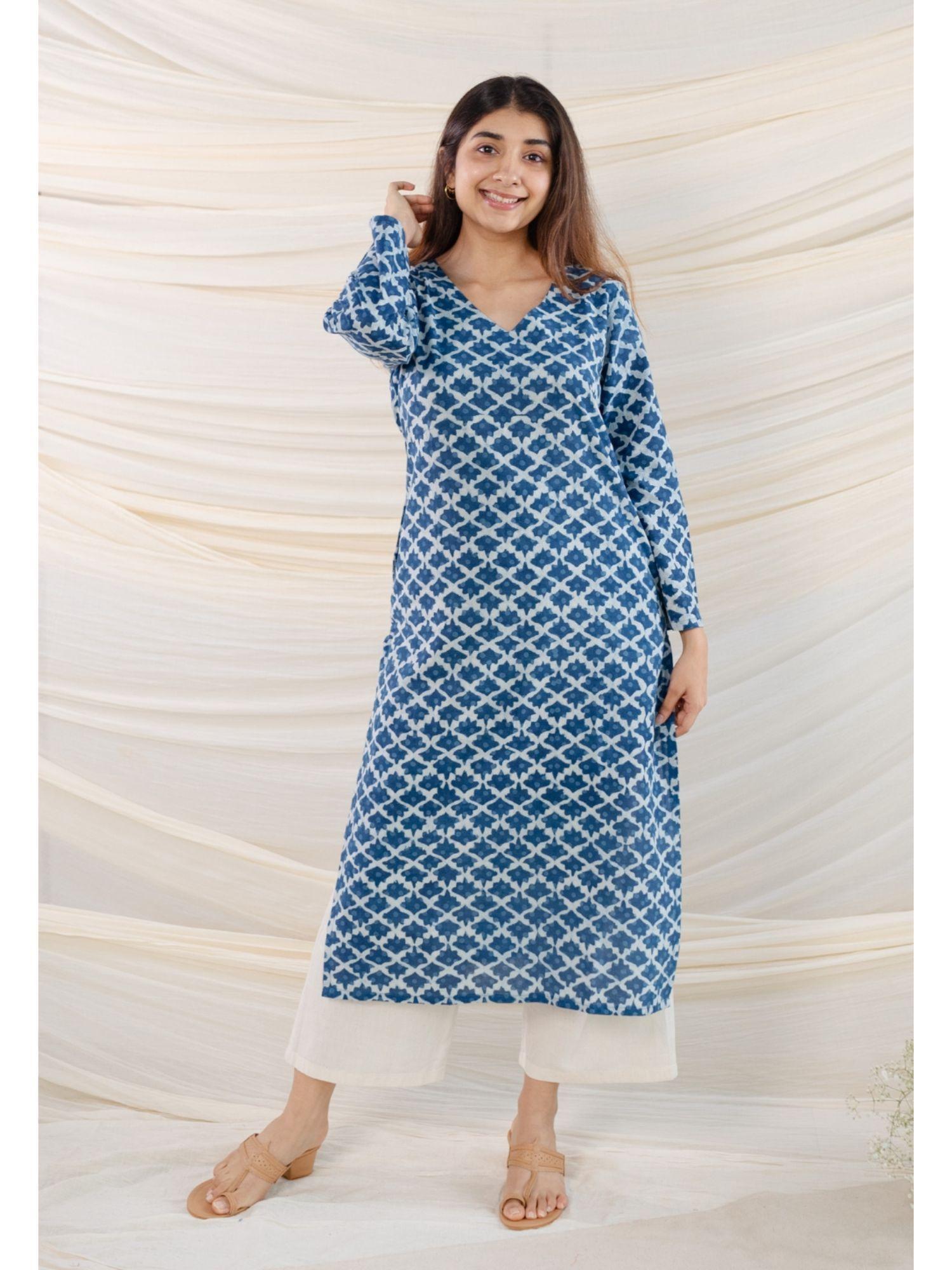 indigo dabu straight cotton kurta