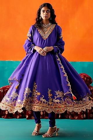 indigo dupion silk & organza embroidered anarkali set