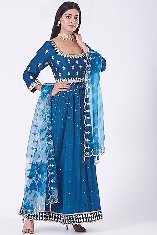 indigo embroidered flared anarkali set