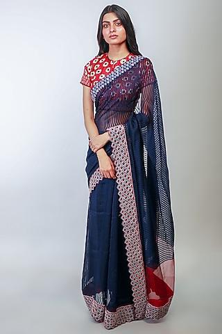 indigo embroidered saree set