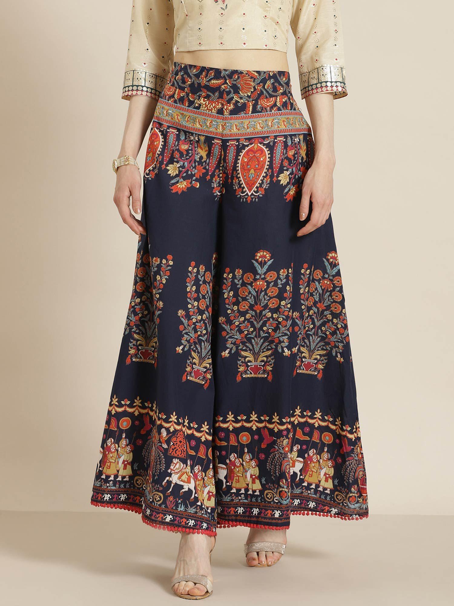 indigo ethnic motif printed flared cotton women palazzo with one pocket