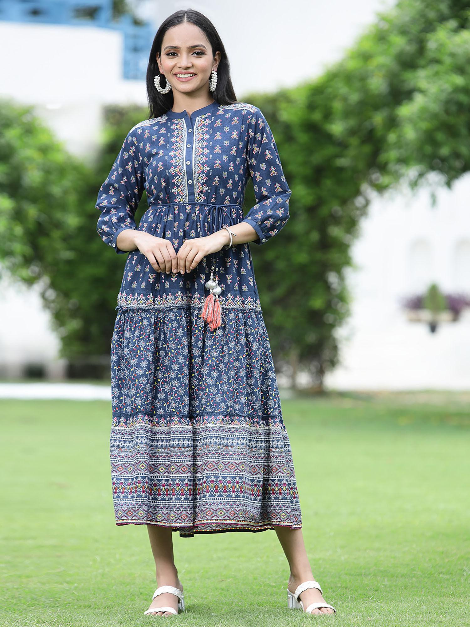 indigo ethnic motif printed pure cotton tiered maxi dress.