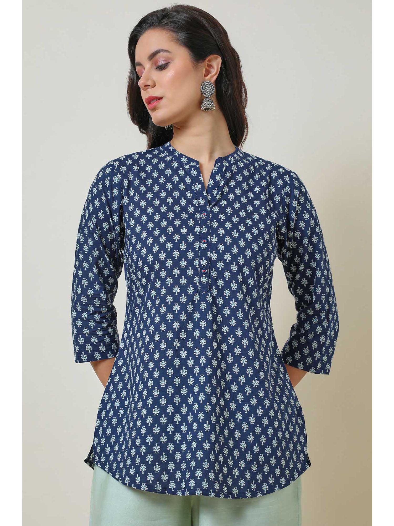 indigo ethnic motifs print cotton tunic