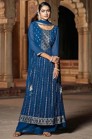 indigo faux georgette sequins hand embroidered kurta set