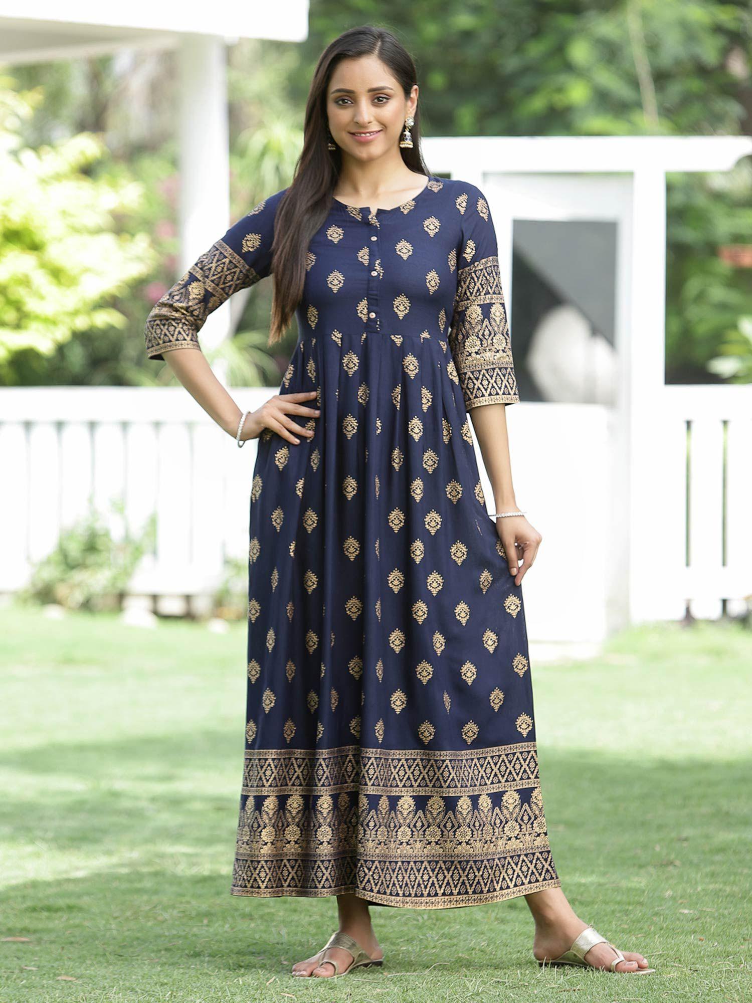 indigo festive ethnic motif printed rayon maxi dress.