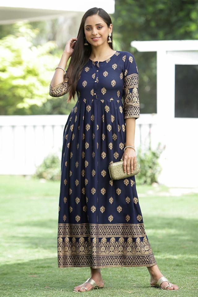 indigo festive ethnic motif printed rayon maxi dress.