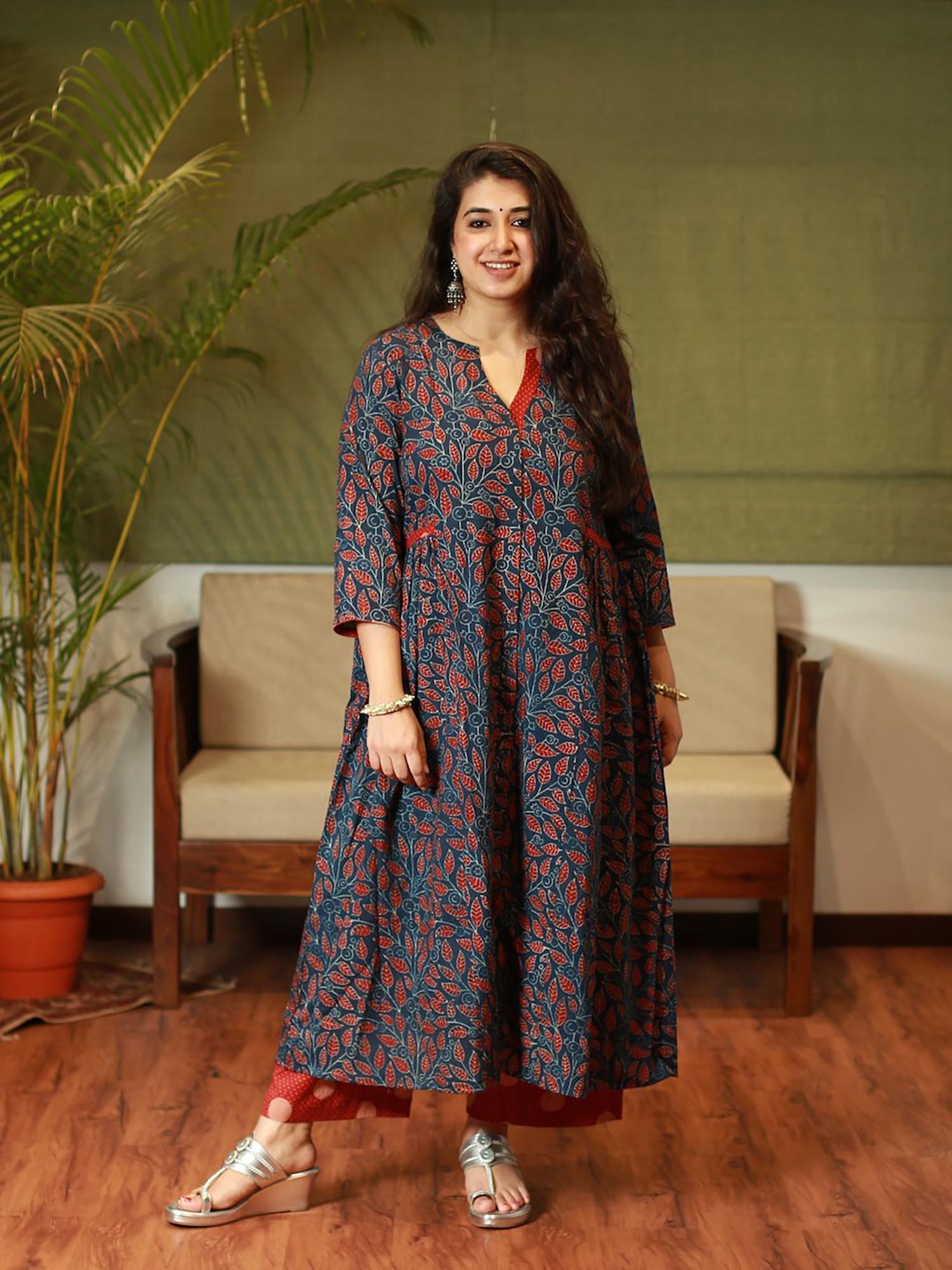 indigo fit and flare ajrakh handblock printed kurta