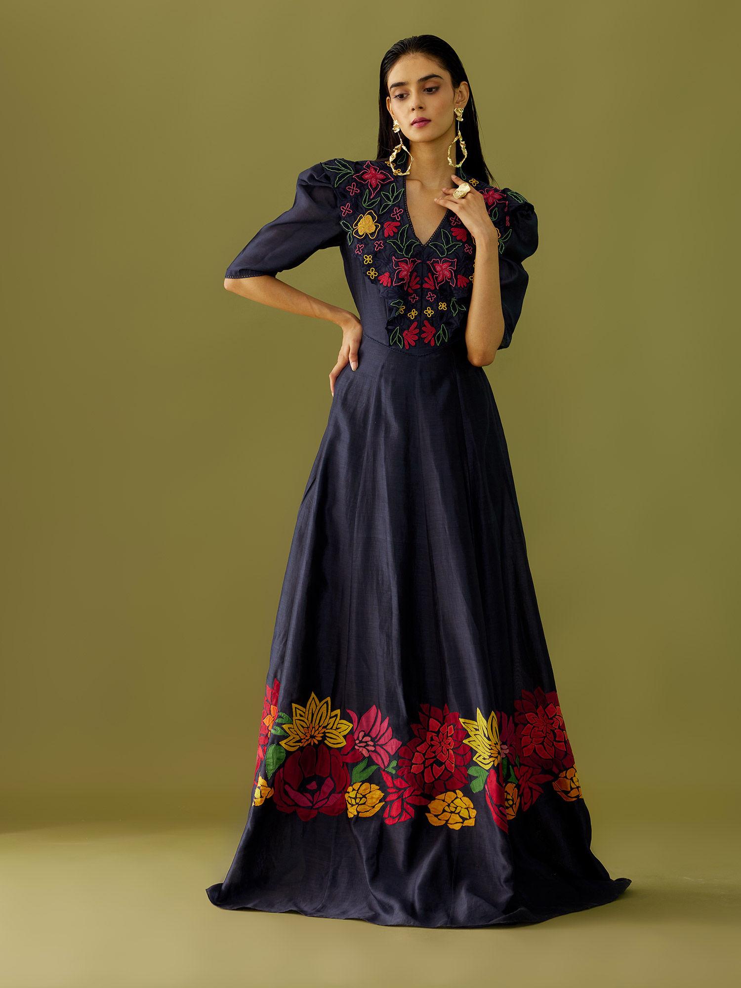 indigo floral applique maxi dress