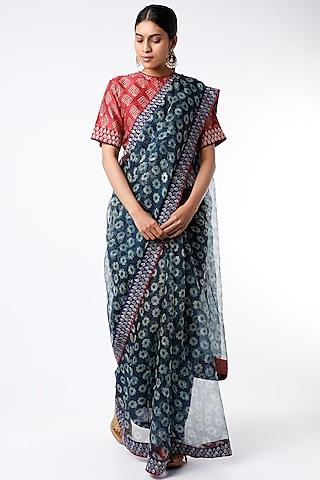 indigo floral hand block printed saree set