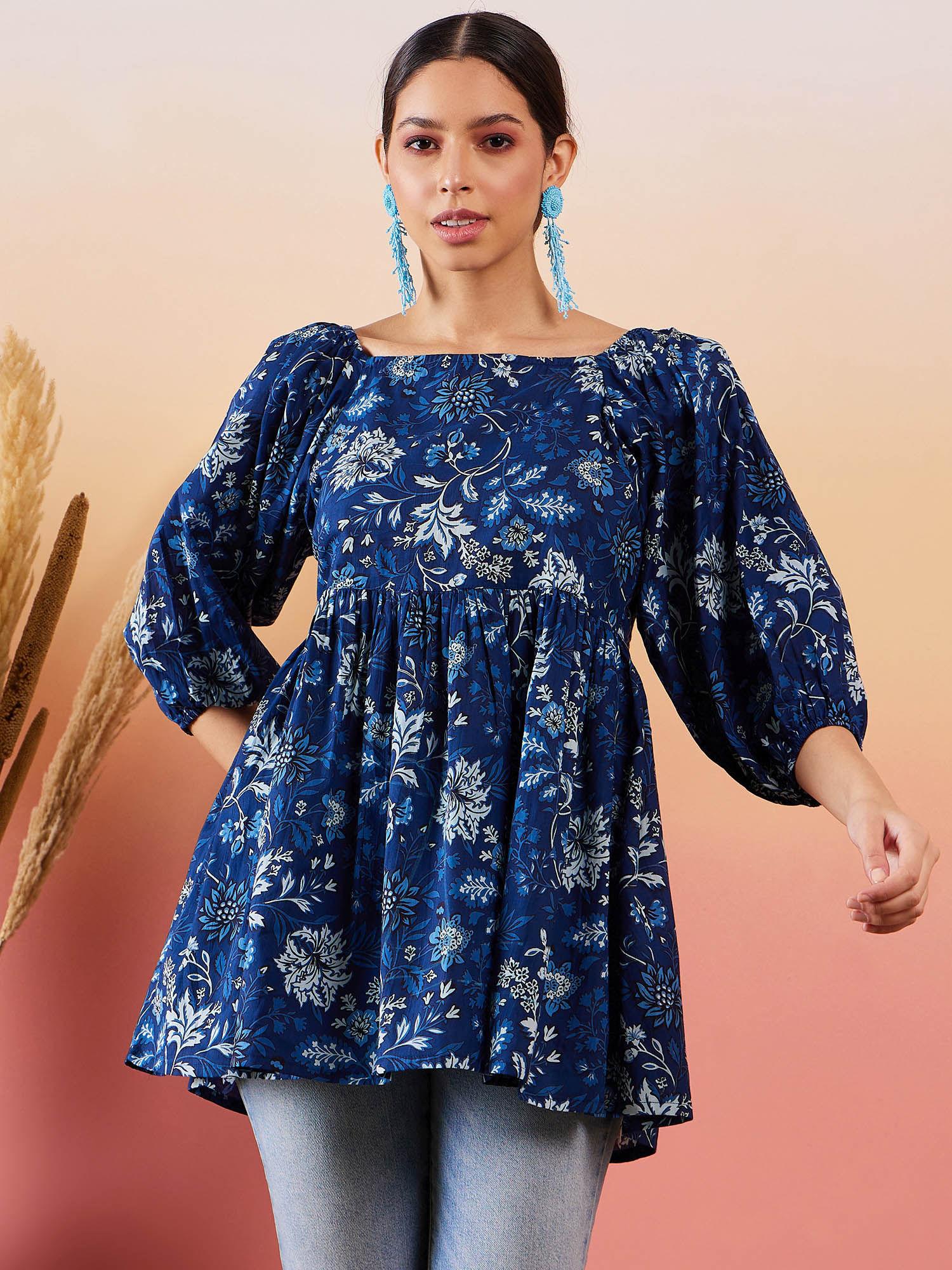 indigo floral print cold shoulder top