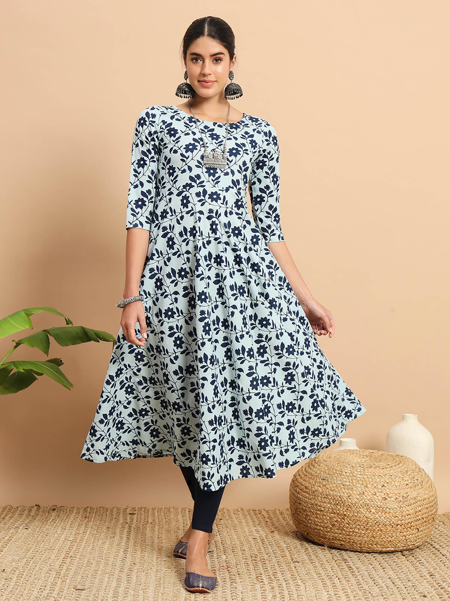 indigo floral printed flared midi dress