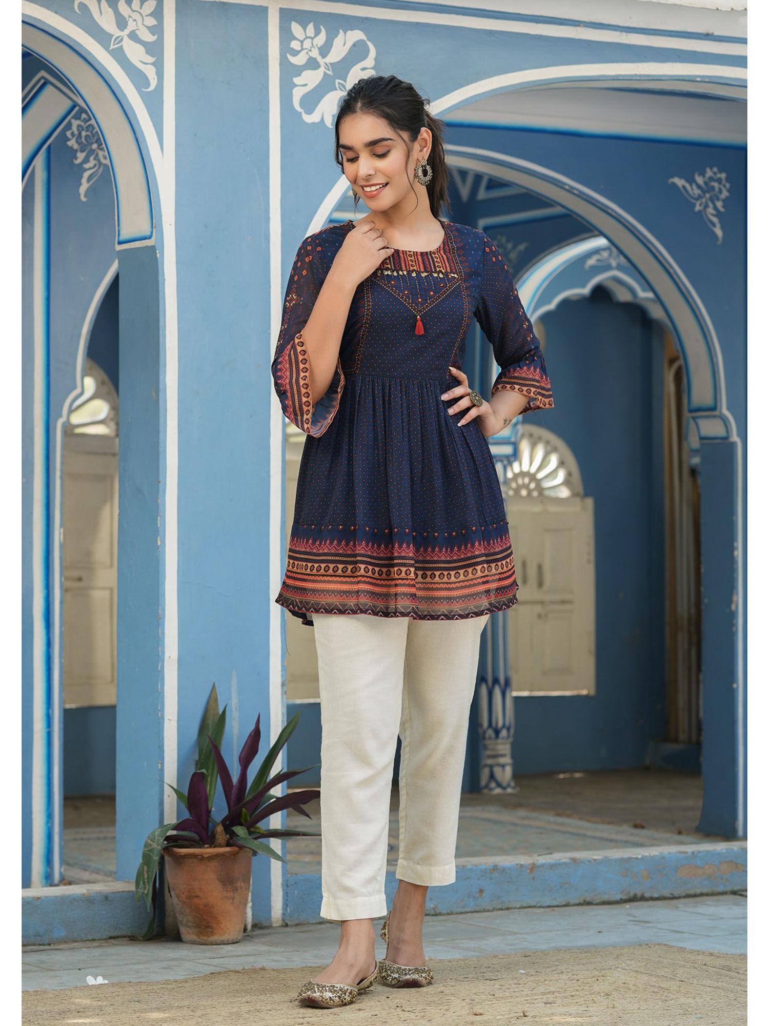 indigo geometric printed georgette peplum tunic with tassels