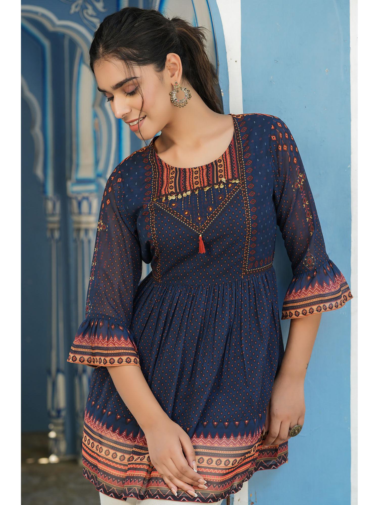 indigo geometric printed georgette peplum tunic with tassels