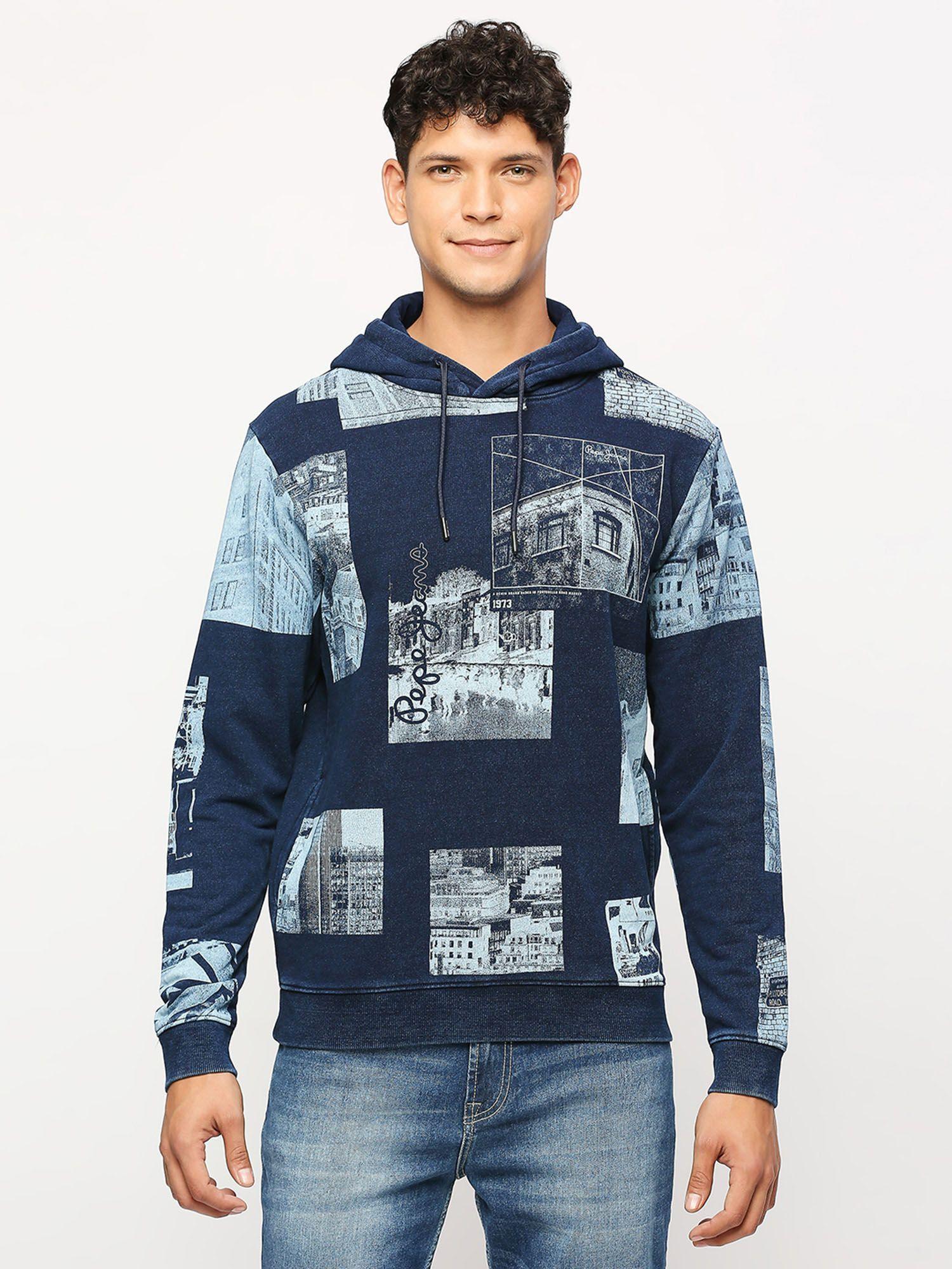 indigo graphic printed hooded sweatshirt