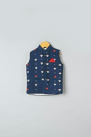 indigo hand embroidered bundi jacket for boys