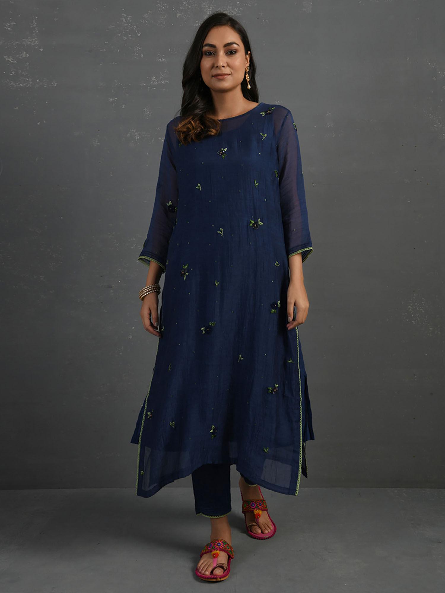 indigo hand embroidered kurta (set of 4)