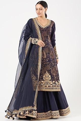 indigo hand embroidered lehenga set