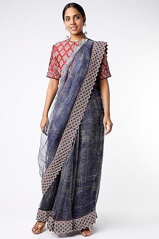 indigo hand embroidered pre-stitched saree set