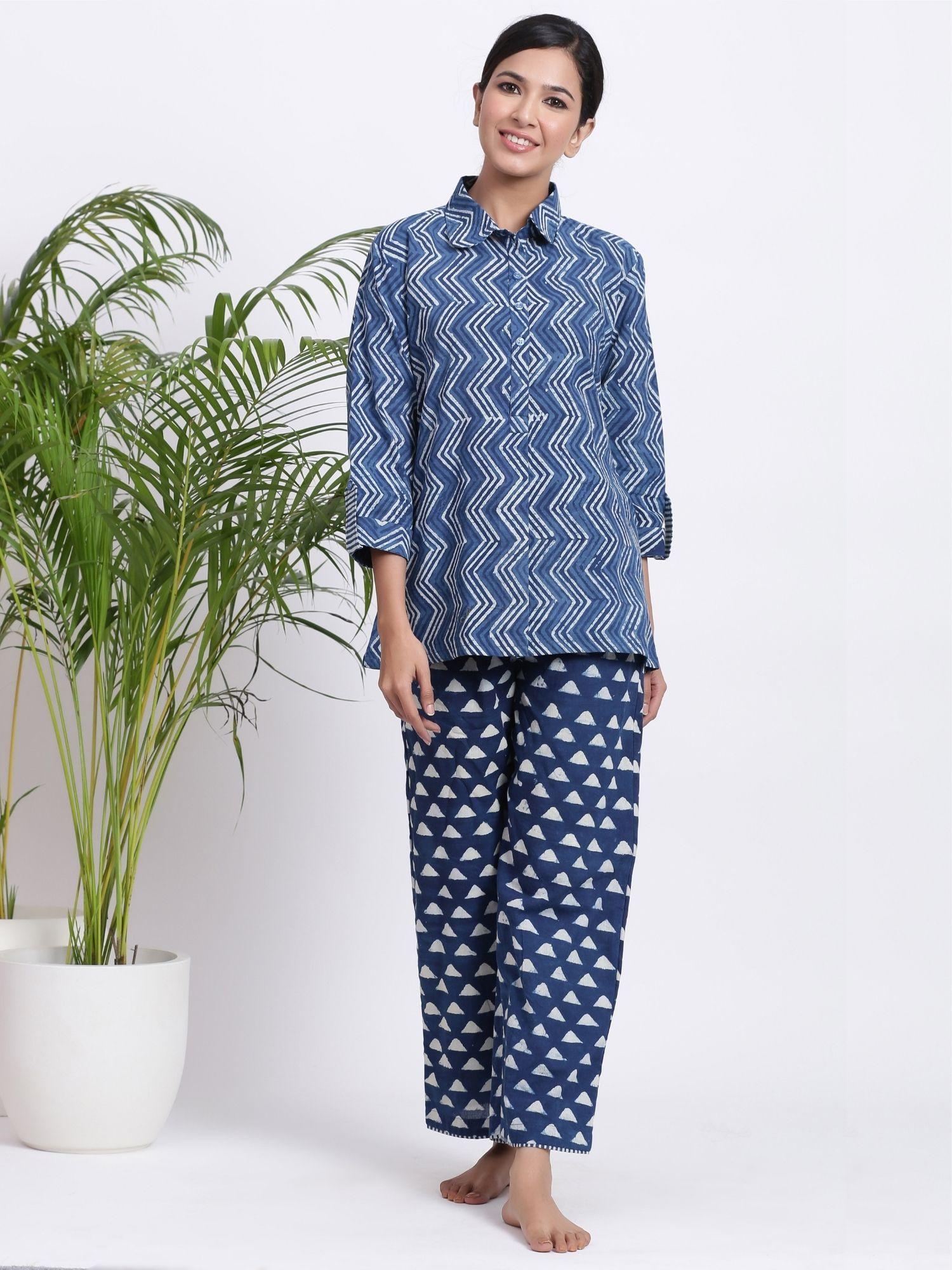 indigo handblock cotton shirt and pajama (set of 2)