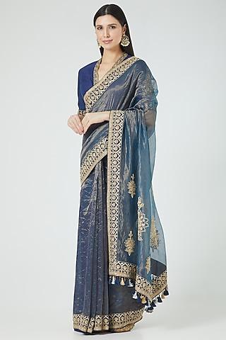 indigo handloom chanderi hand embroidered saree set