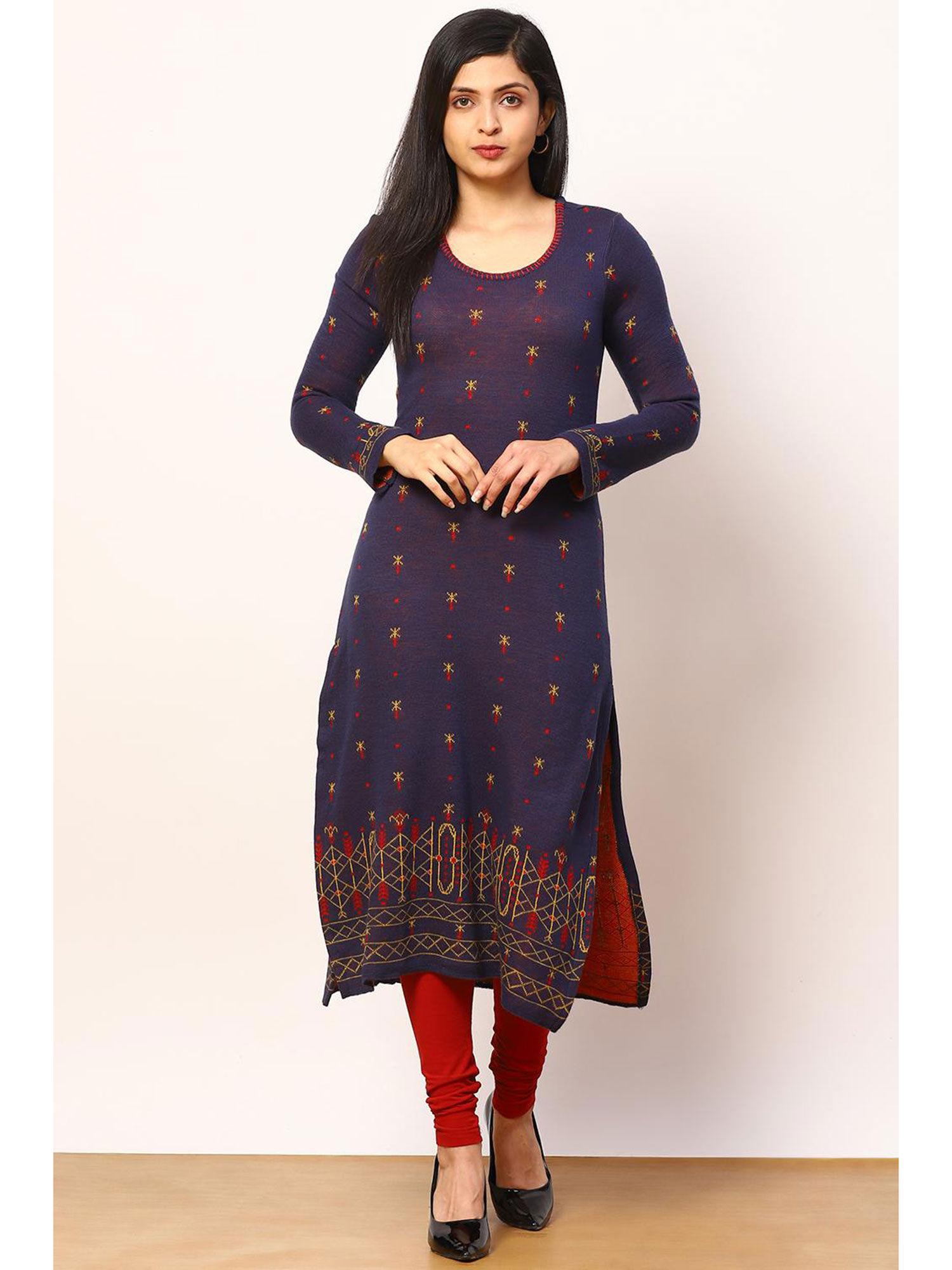 indigo jacquard straight kurta