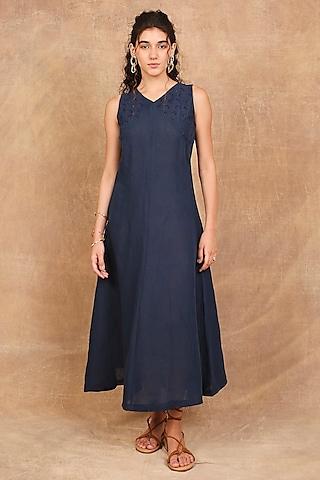 indigo linen cutwork maxi dress