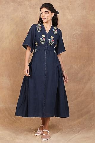 indigo linen floral motif embroidered maxi dress