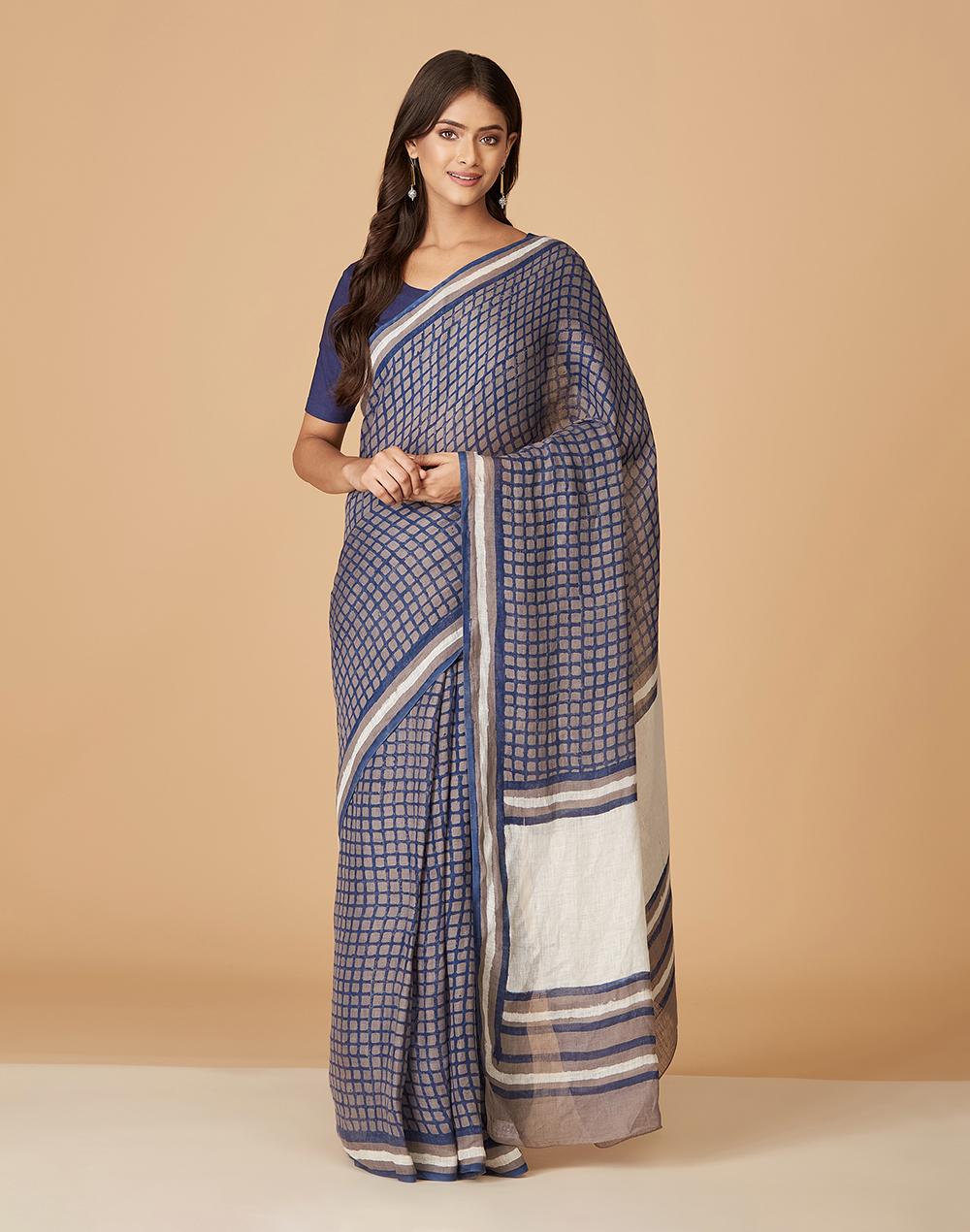 indigo linen geometric sari