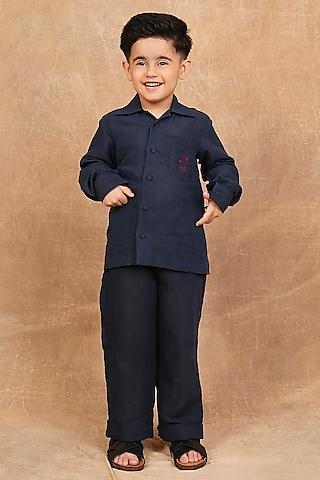 indigo linen hand embroidered shirt for boys