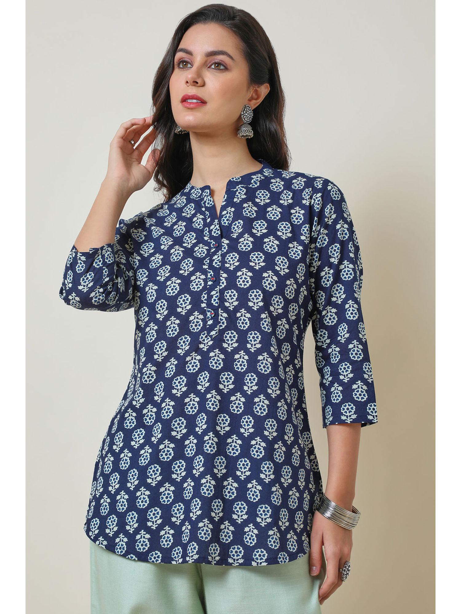 indigo mandarin collar printed cotton tunic