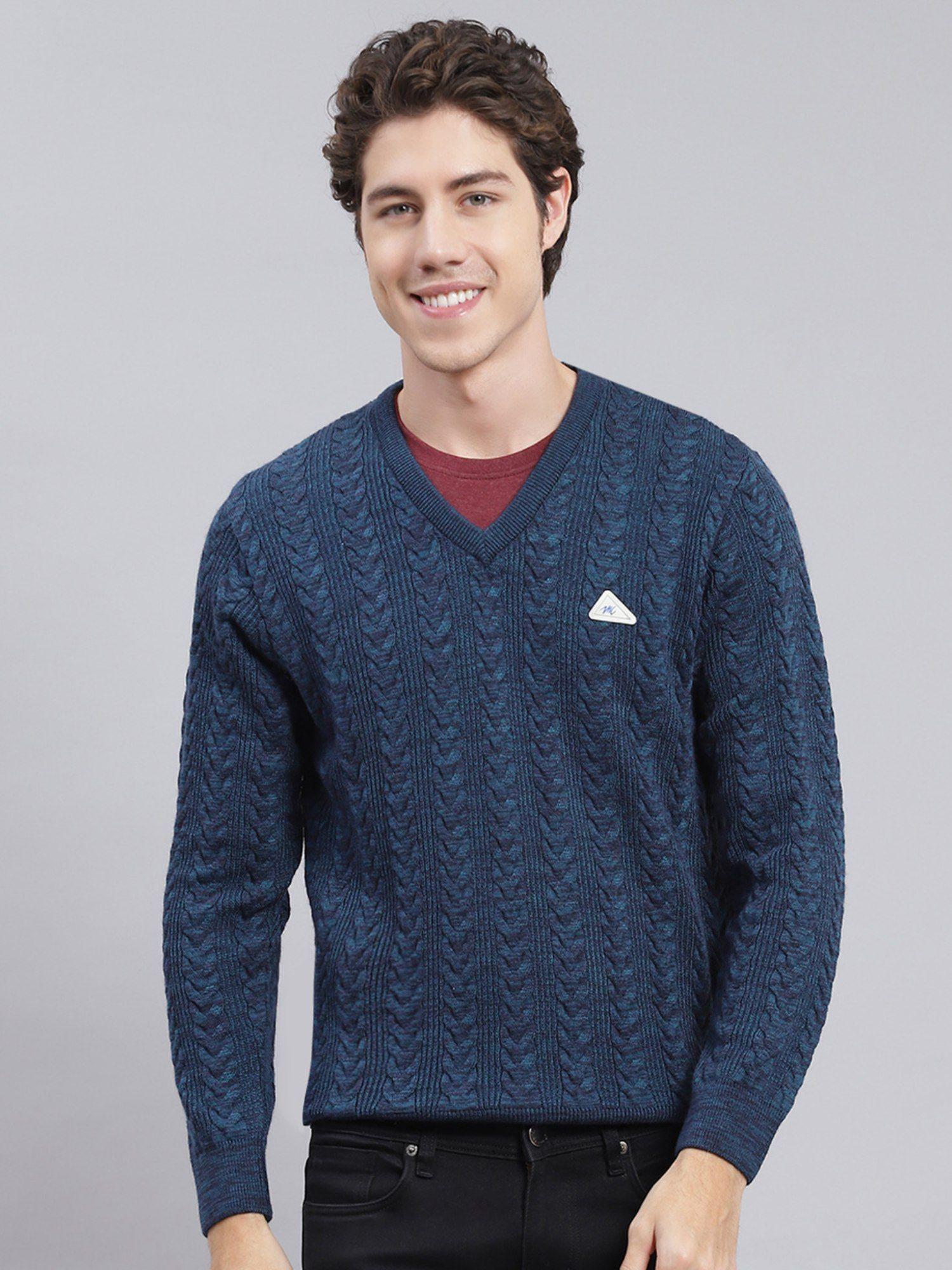 indigo melange self design v neck pullover sweater