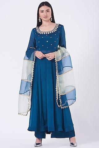 indigo mirror embroidered flared anarkali set