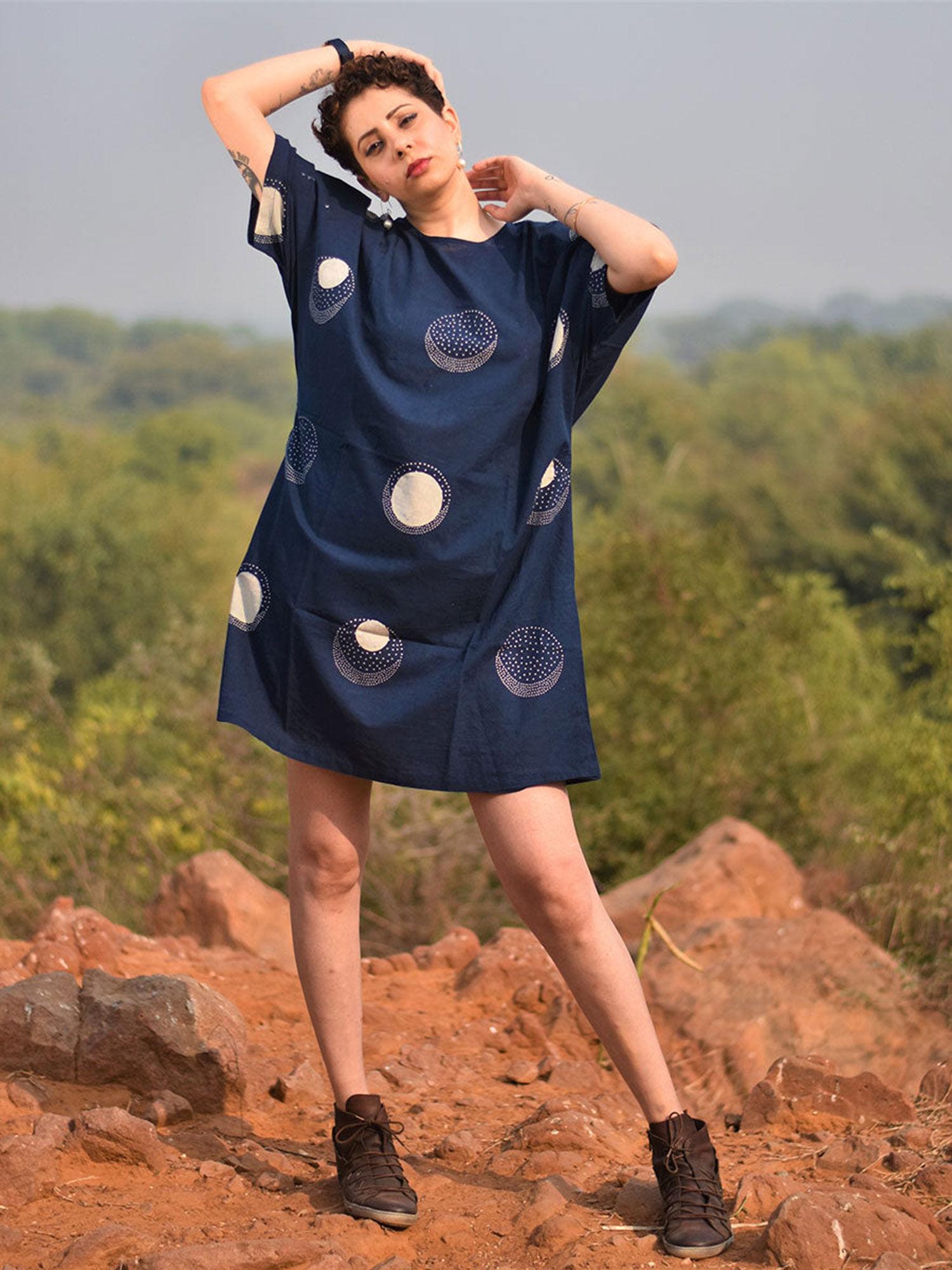 indigo moonshine block printed cotton dress awargi