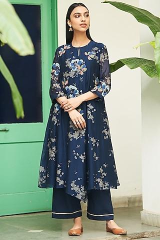 indigo muslin cotton abstract printed & floral applique embroidered asymmetric kurta set