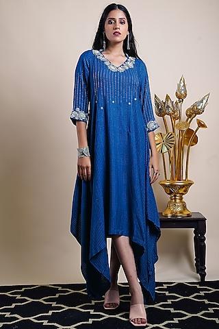 indigo organic silk jacquard embroidered asymmetric dress