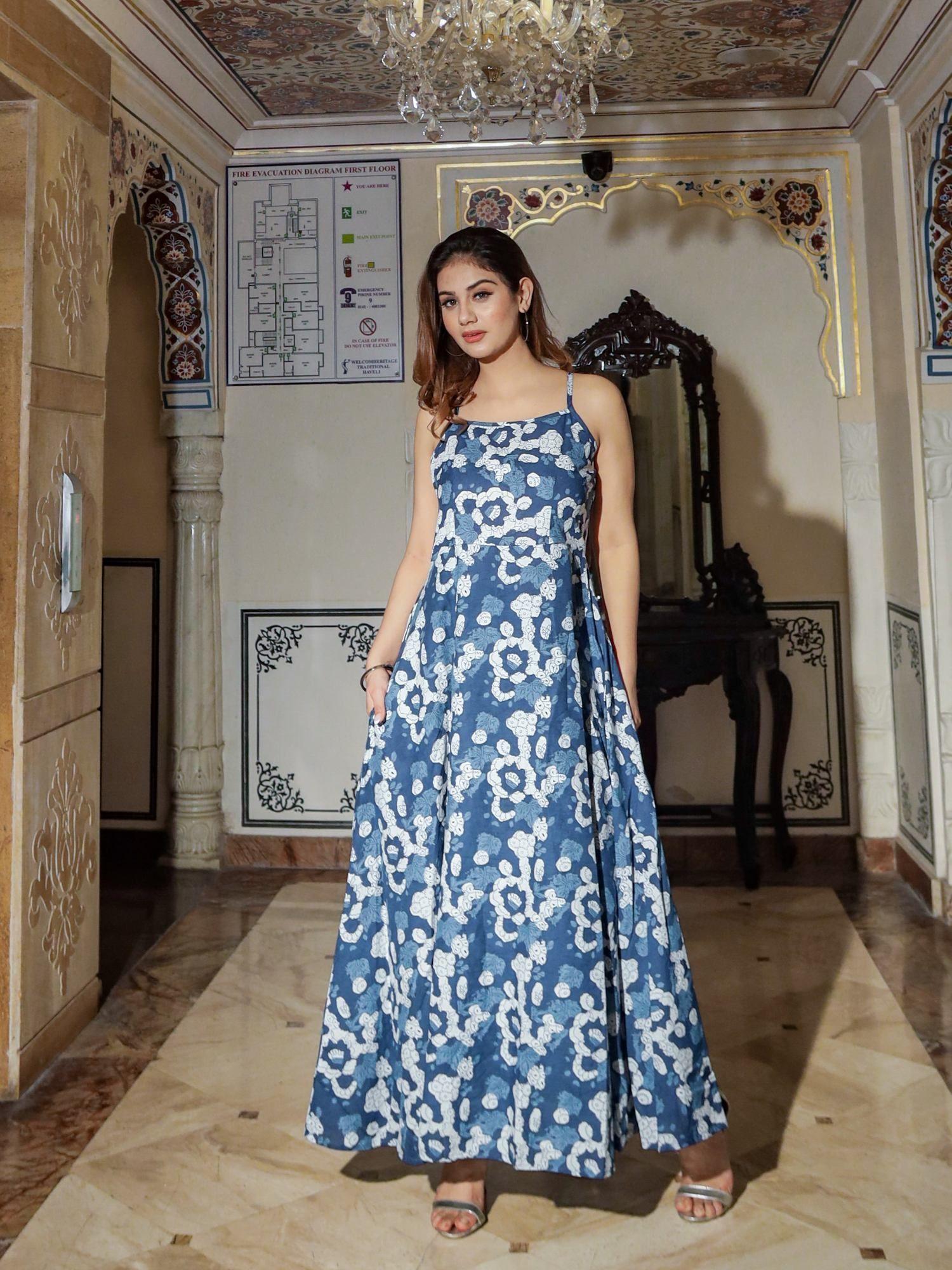 indigo print cotton long dress